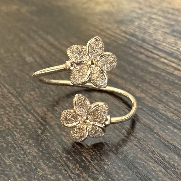14K Rose Gold Double Flower Bypass Ring Adjustable Size 5-7 JMD Plumeria - Picture 1 of 12